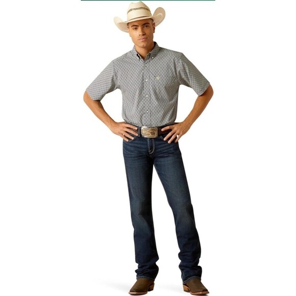 Ariat TRACE Fitted Navy White Short Sleeve Western Shirt Cowboy NWT $55 LARGE - Picture 2 of 8